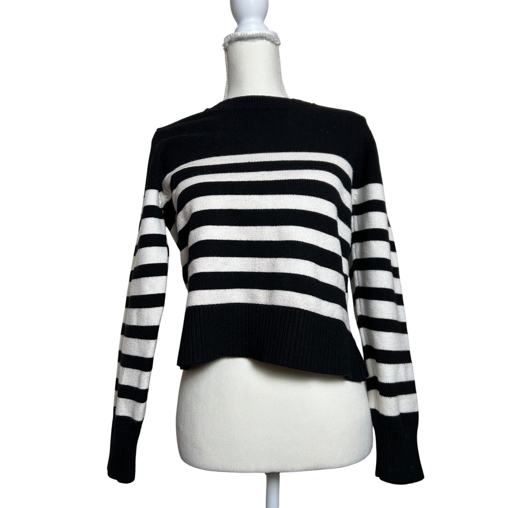Evereve Black White Striped Crew Neck Cropped Sweater Preppy Classic Chic  S